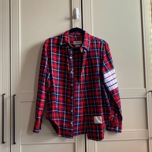 Thom Browne flannel plaid button up shirt four stripe sleeve